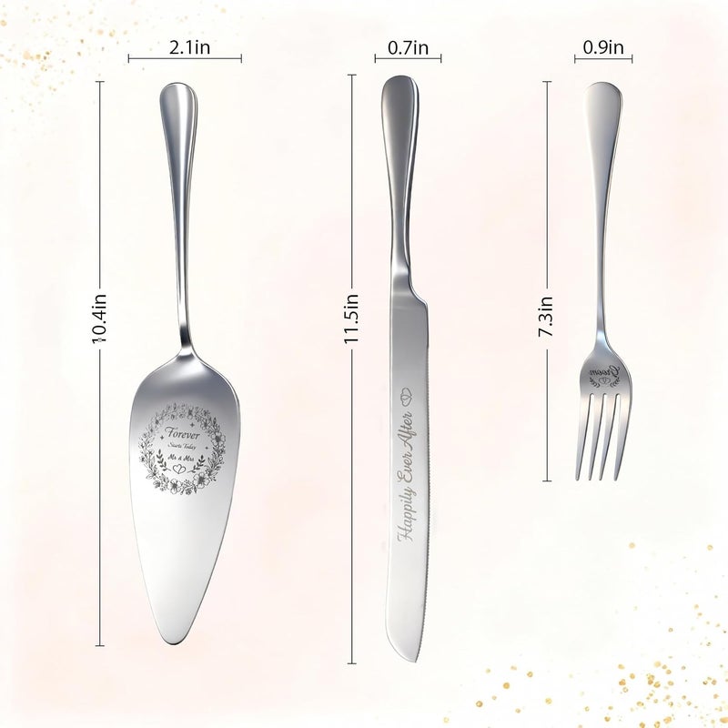 kingump 4 Piece Wedding Cake Cutting Set, Knife and Server with Forks, Elegant Wedding Cake Knife and Server Set for Bride and Groom(Silver) - Image 3